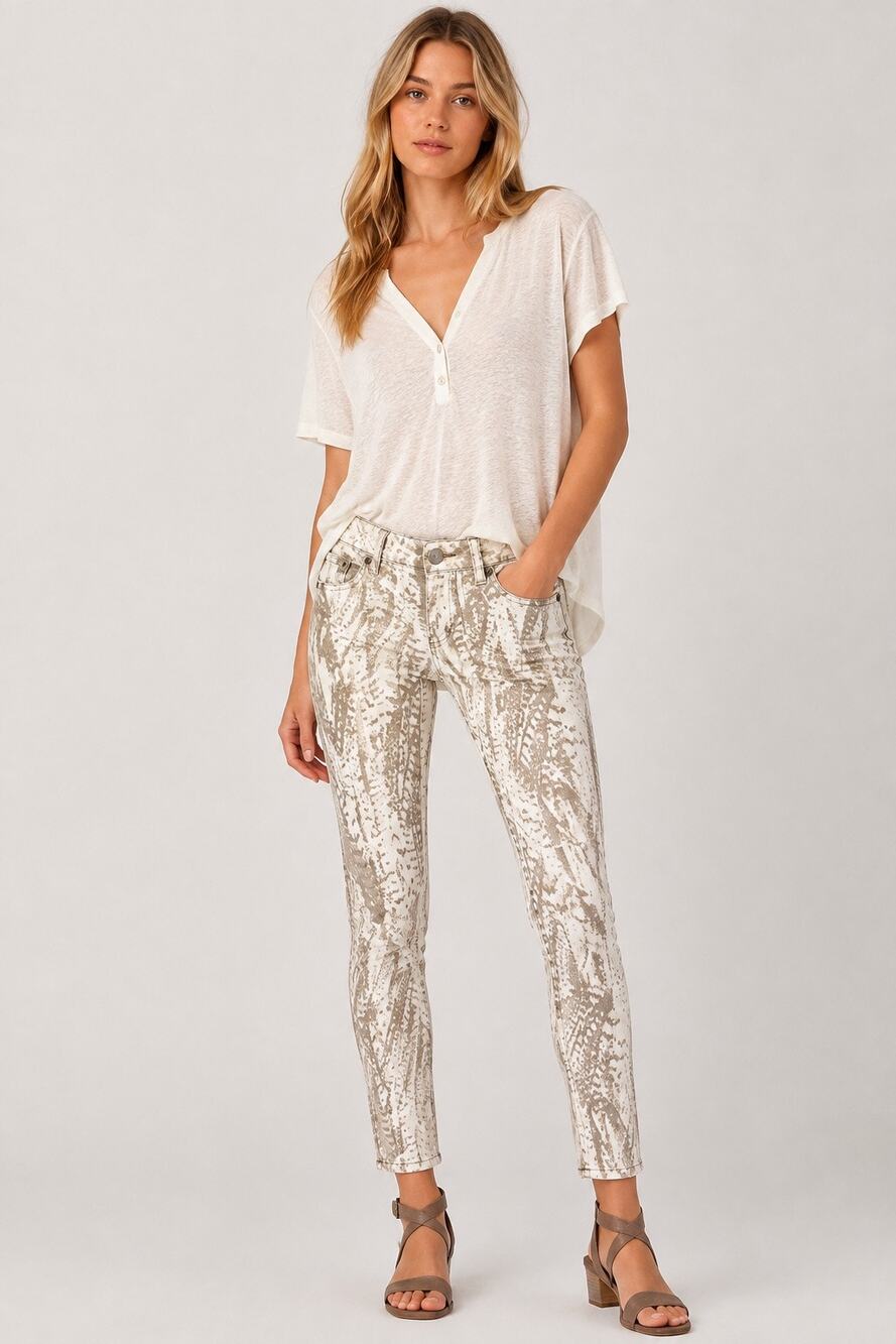 Free People Feather Print Skinny Jeans Taupe Ivory Ankle Zip Size 24